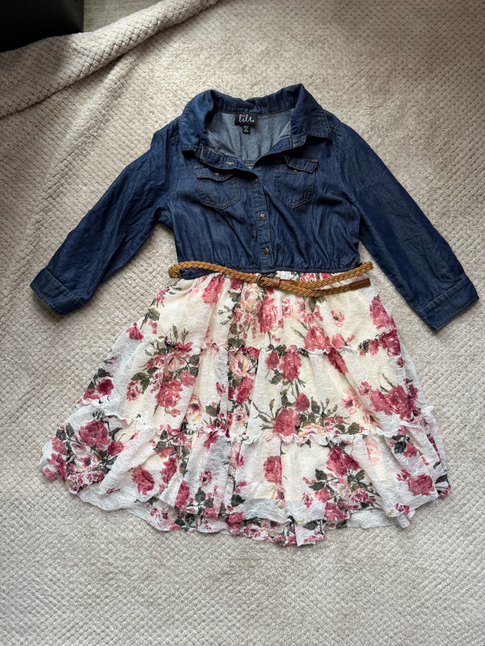lilt Denim Button-Up Top in Blue with Pink Logo Accent